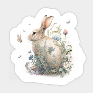 Watercolor Rabbit in Nature, Floral Design Sticker Sticker